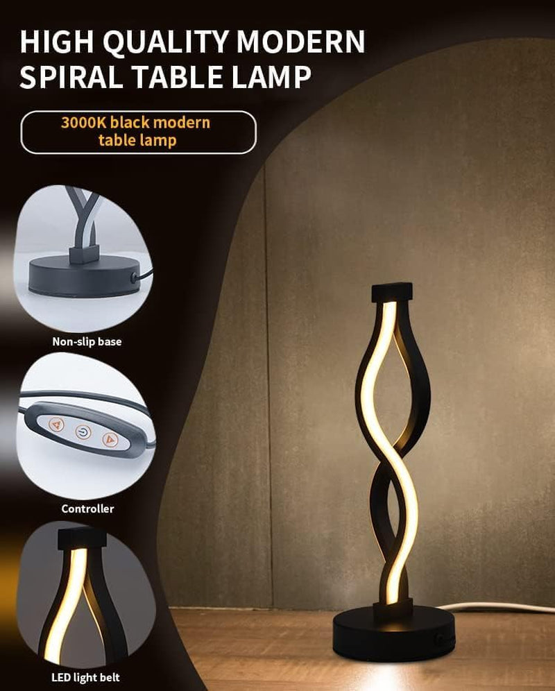 Modern Spiral LED Table Lamp - Dimmable Waves Desk Lamp, 12W Warm White, Iron Base, Creative Curved Night Light for Living Room, Bedroom, Office (Black)