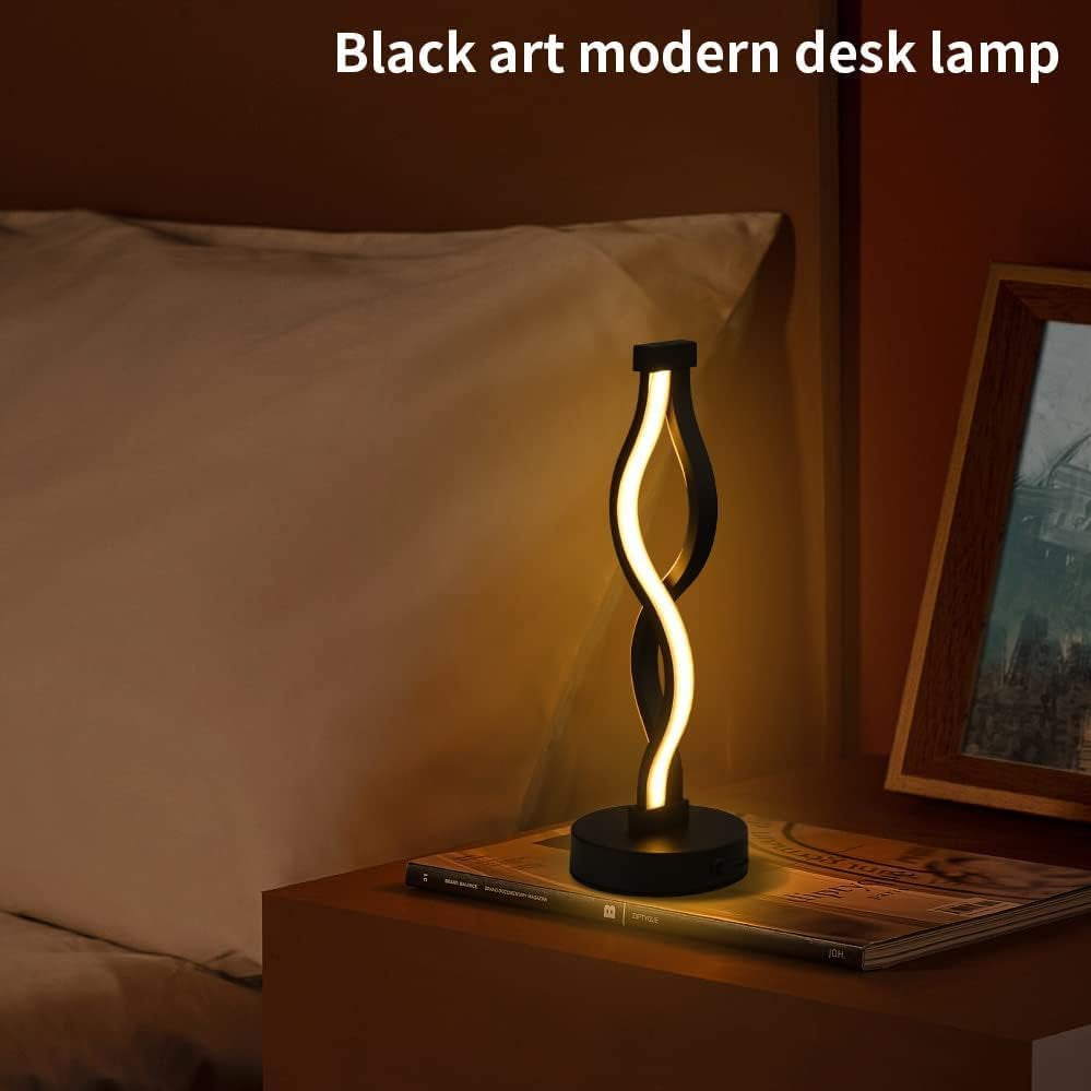 Modern Spiral LED Table Lamp - Dimmable Waves Desk Lamp, 12W Warm White, Iron Base, Creative Curved Night Light for Living Room, Bedroom, Office (Black)