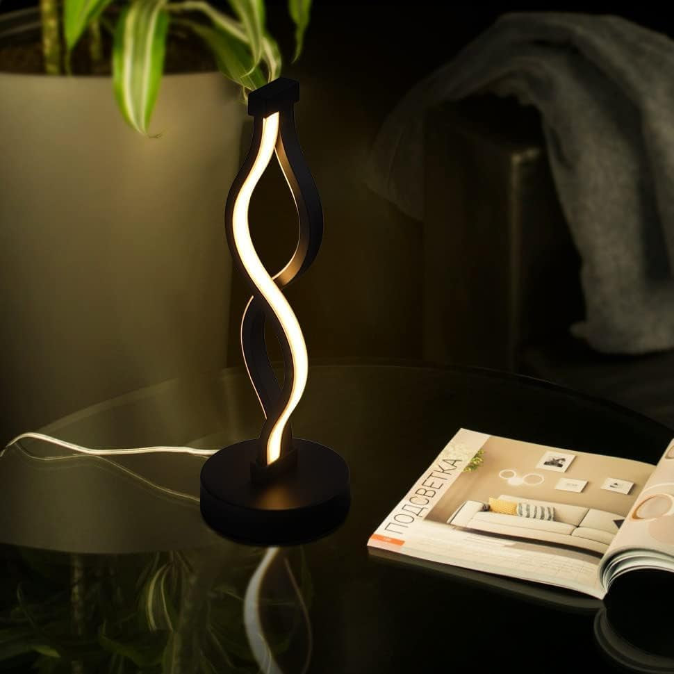 Modern Spiral LED Table Lamp - Dimmable Waves Desk Lamp, 12W Warm White, Iron Base, Creative Curved Night Light for Living Room, Bedroom, Office (Black)