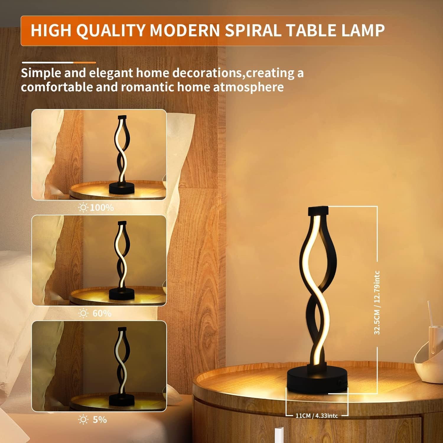 Modern Spiral LED Table Lamp - Dimmable Waves Desk Lamp, 12W Warm White, Iron Base, Creative Curved Night Light for Living Room, Bedroom, Office (Black)