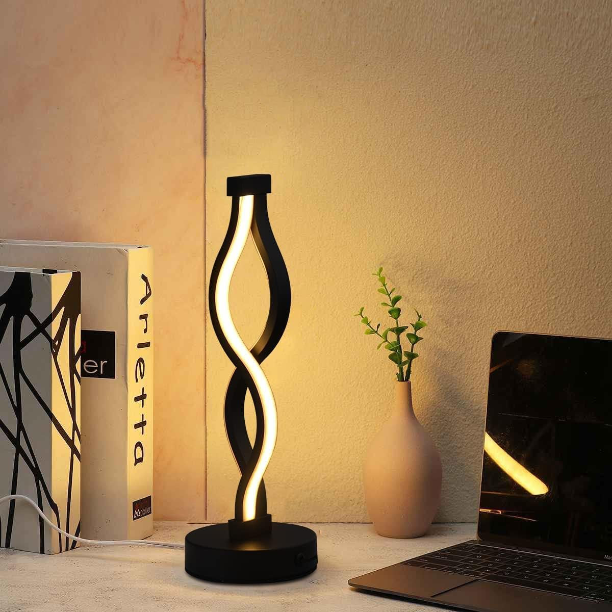 Modern Spiral LED Table Lamp - Dimmable Waves Desk Lamp, 12W Warm White, Iron Base, Creative Curved Night Light for Living Room, Bedroom, Office (Black)